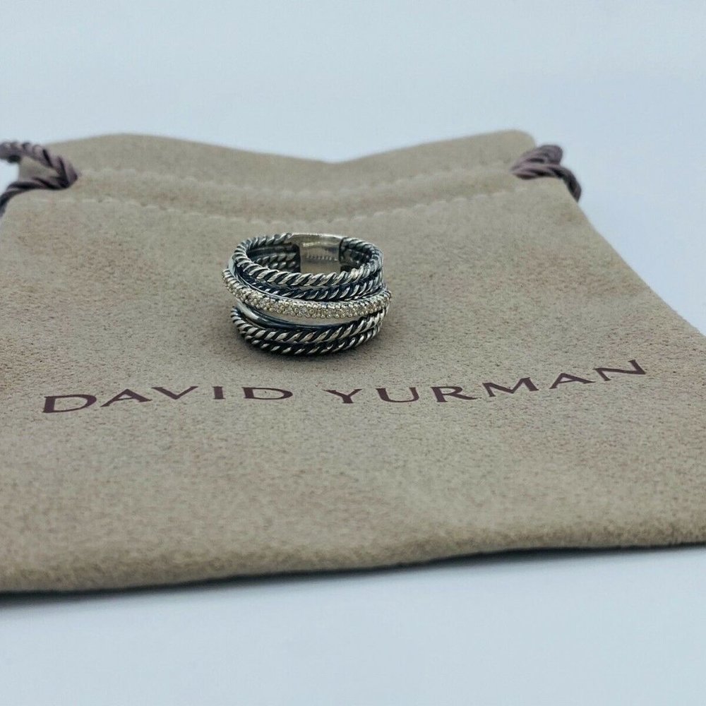 David Yurman Sterling Silver 925 Crossover Wide Ring with Pave Diamonds size 7